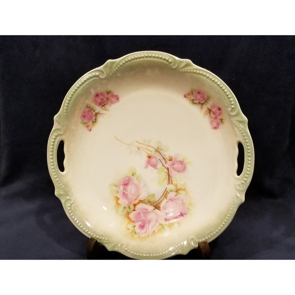 Antique PK Silesia Cake Cookie Plate w Handles Pink Roses Porcelain Platter 9.5"